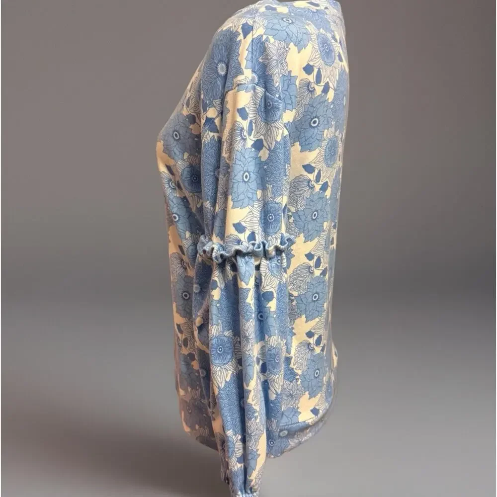 Kate Quinn Blouse Large Womens Organic Cotton Peasant Top White Blue Floral Twee - Picture 3 of 8